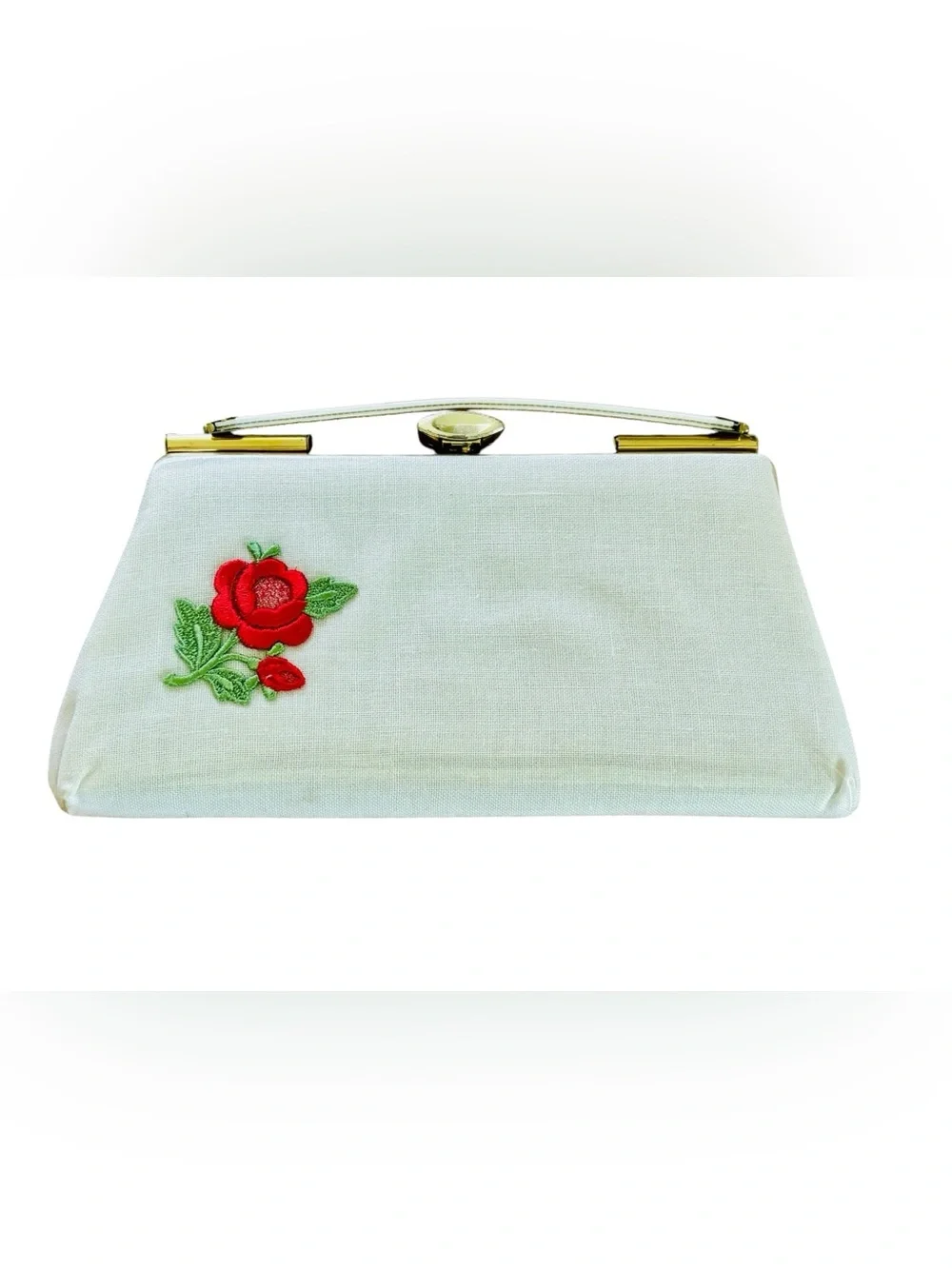 Vintage 50s White Linen Floral Rose Embroidered Clutch